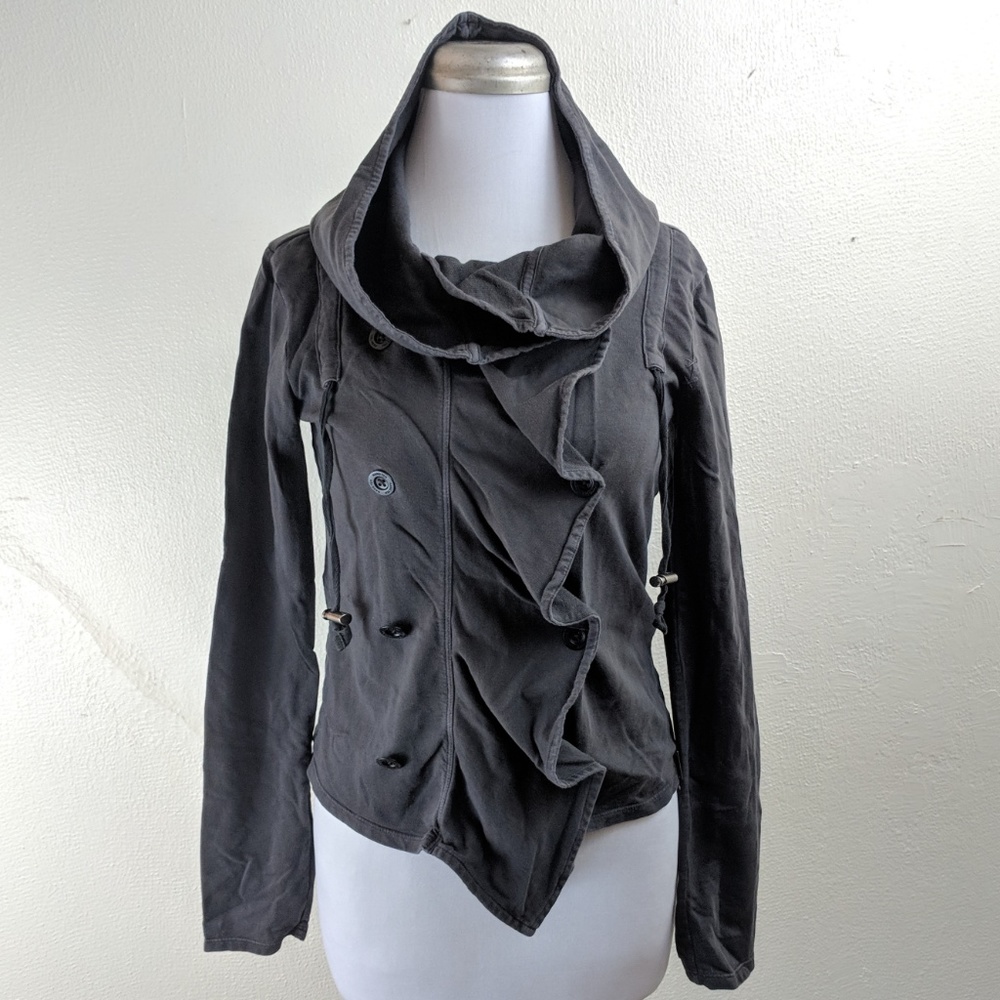 Anthro Hang Ten Ruffled Gray Hoodie Jacket Sweater